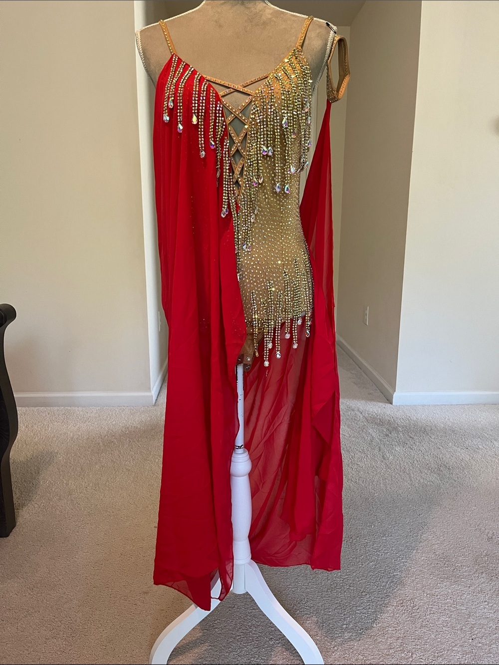 Red & Gold Embellished Chemise Latin Dance Competition Dress